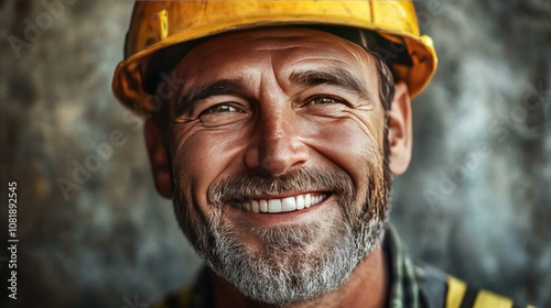 Smiling middle-aged Caucasian male construction worker wearing a yellow hard hat, showcasing a spirited expression.