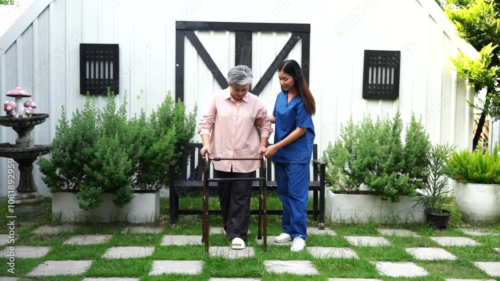 Elderly Asian woman with gray hair sitting, standing and walking using a walker with a young Asian nurse helping her to take a walk and relax in a garden of a nursing home together happily. Elderly Asian woman with gray hair sitting, standing and walking using a walker with a young Asian nurse helping her to take a walk and relax in a garden of a nursing home together happily.