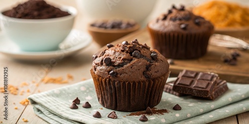 Indulgent Chocolate Muffin with Bokeh Effect, Capturing the Richness of Cocoa and Softness of Cake in a Delightful Kitchen Setting, Perfect for Baking Enthusiasts and Food Bloggers