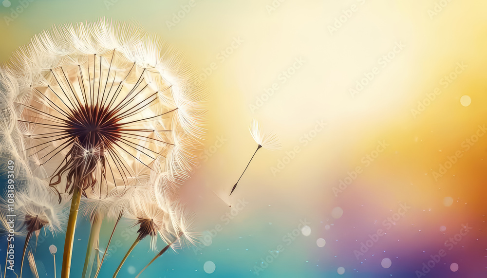 Dandelion seeds blowing in the breeze nature scene close-up photography dreamy environment soft colors concept of change and freedom Dandelion seeds blowing in the breeze nature scene close-up photography dreamy environment soft colors concept of change and freedom