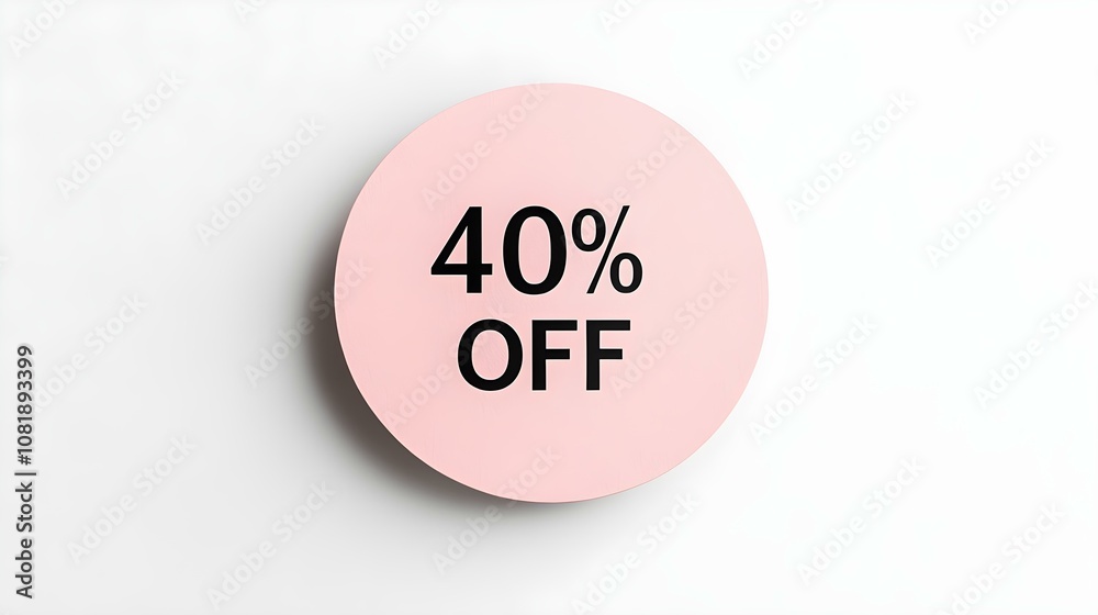 Black '40% OFF' Text on a Light Pink Round Paper Note. White Background with Copy Space Black '40% OFF' Text on a Light Pink Round Paper Note. White Background with Copy Space