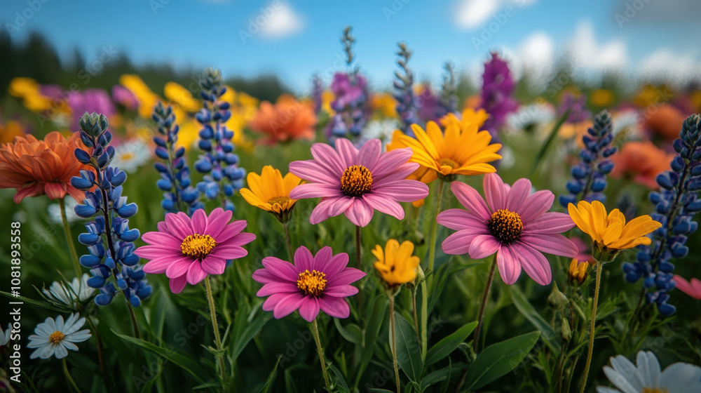 vibrant garden filled with colorful wildflowers, showcasing pink daisies, yellow blooms, and blue lupines under bright blue sky. scene evokes sense of joy and tranquility vibrant garden filled with colorful wildflowers, showcasing pink daisies, yellow blooms, and blue lupines under bright blue sky. scene evokes sense of joy and tranquility
