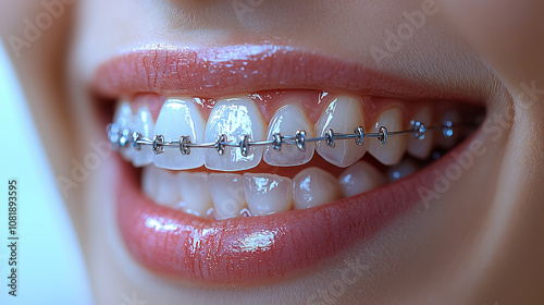 Close-up of teeth with fixed braces, showing the detailed orthodontic work and alignment process in a patient's mouth