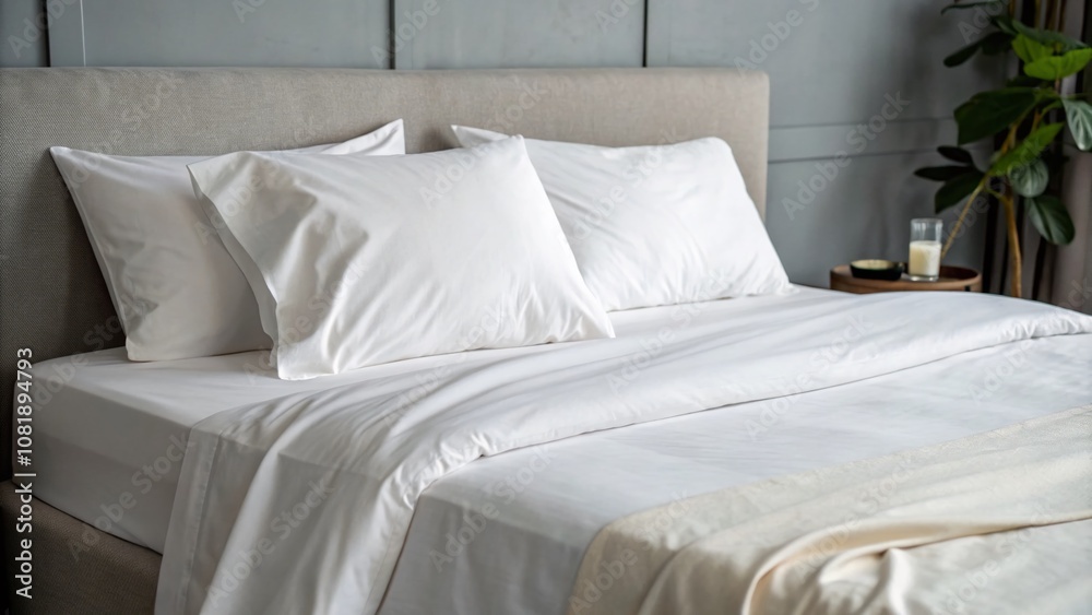 Inviting Minimalist Bed with Crisp White Sheet and Soft Gray Wall Backdrop Perfect for Cozy and Modern Bedroom Aesthetics in Food Photography Context Inviting Minimalist Bed with Crisp White Sheet and Soft Gray Wall Backdrop Perfect for Cozy and Modern Bedroom Aesthetics in Food Photography Context