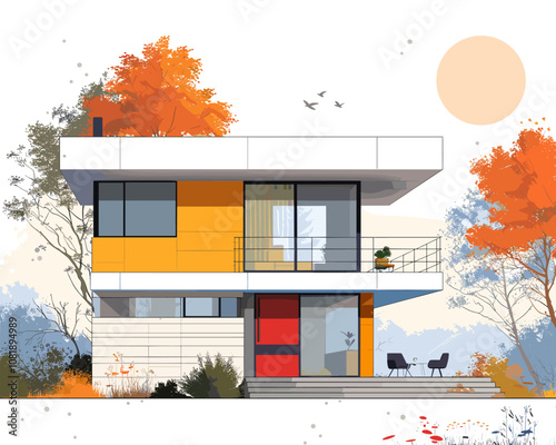 White and orange house with a red door and a balcony. The house is surrounded by trees and has a sunny day