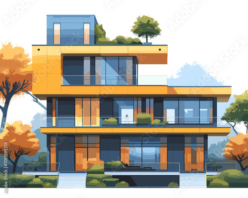 Large yellow and blue house with a green roof and a tree in the background. The house has a lot of windows and a balcony