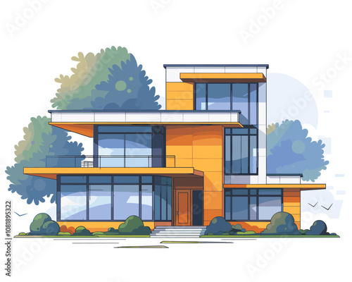 Large orange house with a white trim sits in front of a green tree. The house has many windows, including a large one on the front. The tree is full of leaves, and there are two birds perched on it