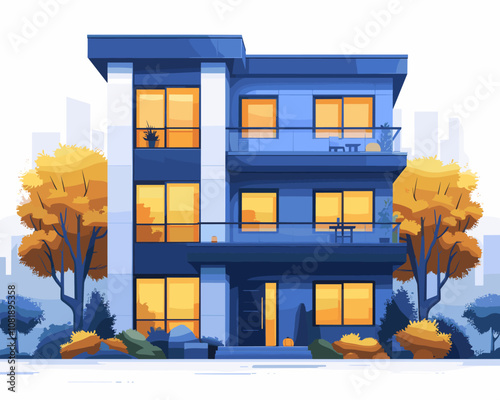Blue and white apartment building with a yellow tree in front. The building has a lot of windows and balconies