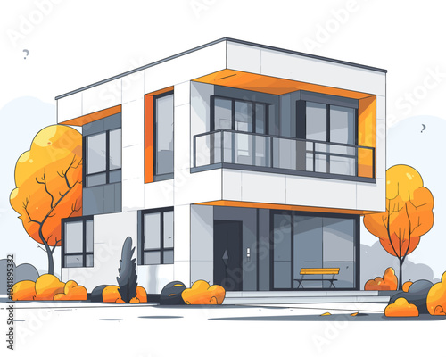 Large white house with orange trim and a balcony. The house is surrounded by trees and bushes