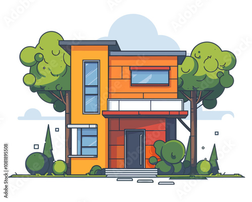 Large orange house with a green tree in front of it. The house has a modern design and is situated in a residential area