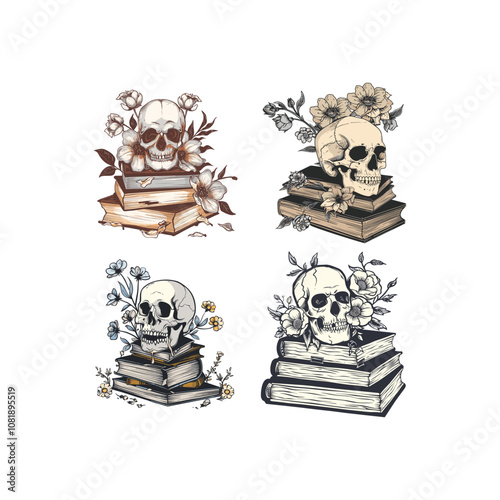 skulls on top of books piled up with flowers growing around them vector design vintage