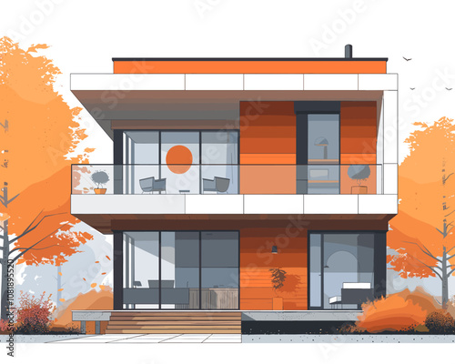 Modern house with a white exterior and orange trim. The house has a large balcony and a sunroom