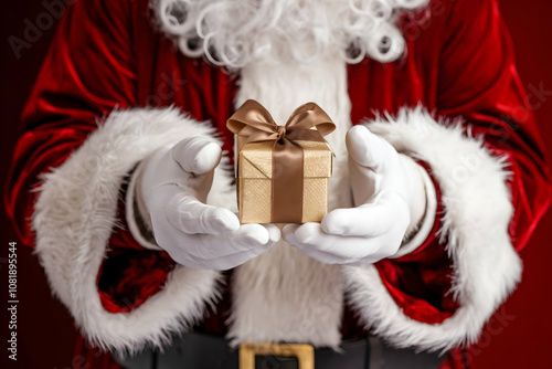 Santas hands presenting a golden gift box, festive close up