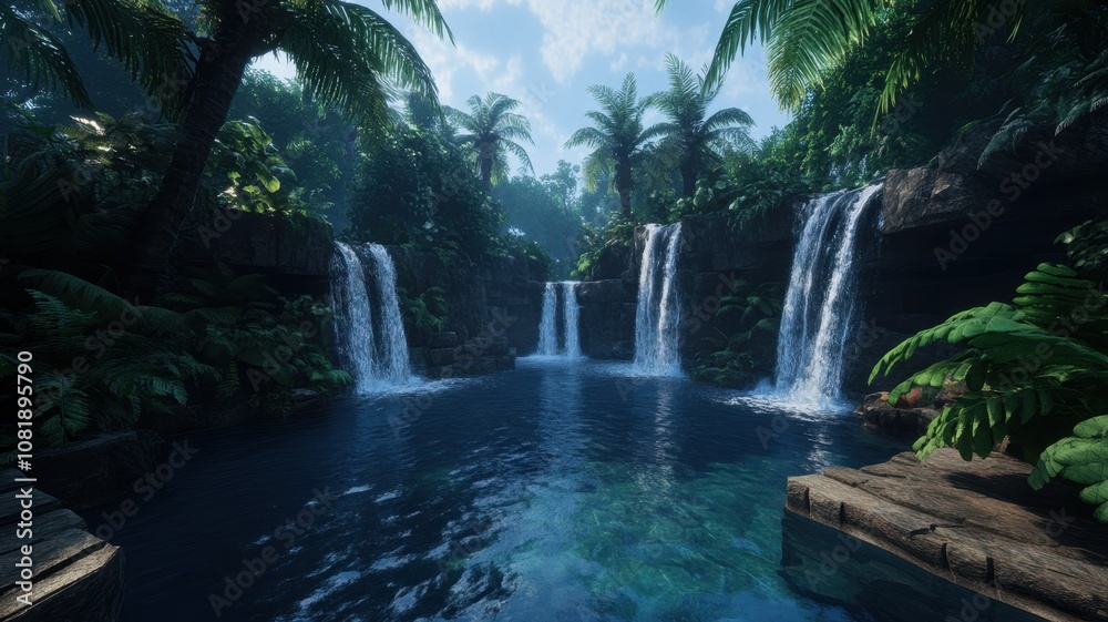 Naklejka premium Stunning complex valley biome featuring cascading waterfalls amidst lush greenery and diverse wildlife.