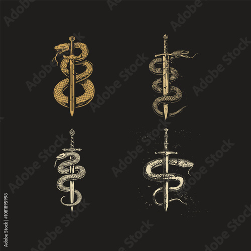 snake wrapped around a sword logo design vector