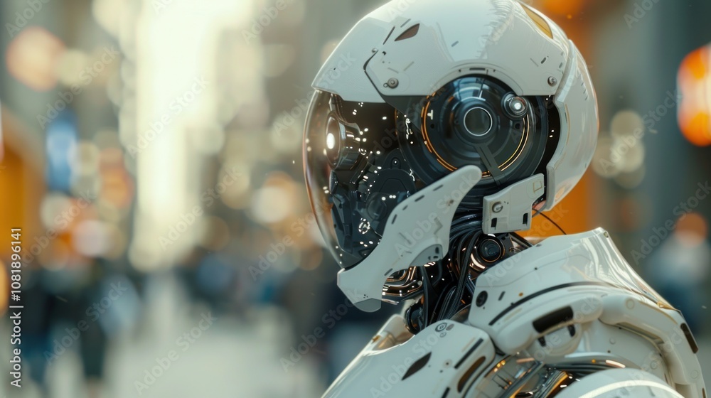 A futuristic robot with a white helmet and a clear visor stands in a bustling city street. A futuristic robot with a white helmet and a clear visor stands in a bustling city street.