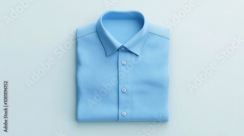 Realistic 3D folded shirt in soft blue, with collar and button details, isolated on a light background