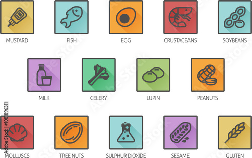 Food allergen allergy icons. include big 8 FDA Major Allergens and 14 food allergies from the EU Food Information for Consumers Regulation EFSA European Food Safety Authority Annex II