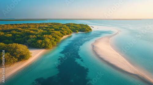 Aerial view of serene beach with lush greenery and calm waters, showcasing beauty of nature and tranquility. landscape features winding river and sandy shores