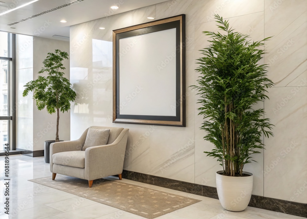 Large Empty Picture Frame on a White Wall with Potted Plant and Lounge Chair in Modern Office Lobby Design for Elegant Interiors and Office Decoration Inspiration Large Empty Picture Frame on a White Wall with Potted Plant and Lounge Chair in Modern Office Lobby Design for Elegant Interiors and Office Decoration Inspiration
