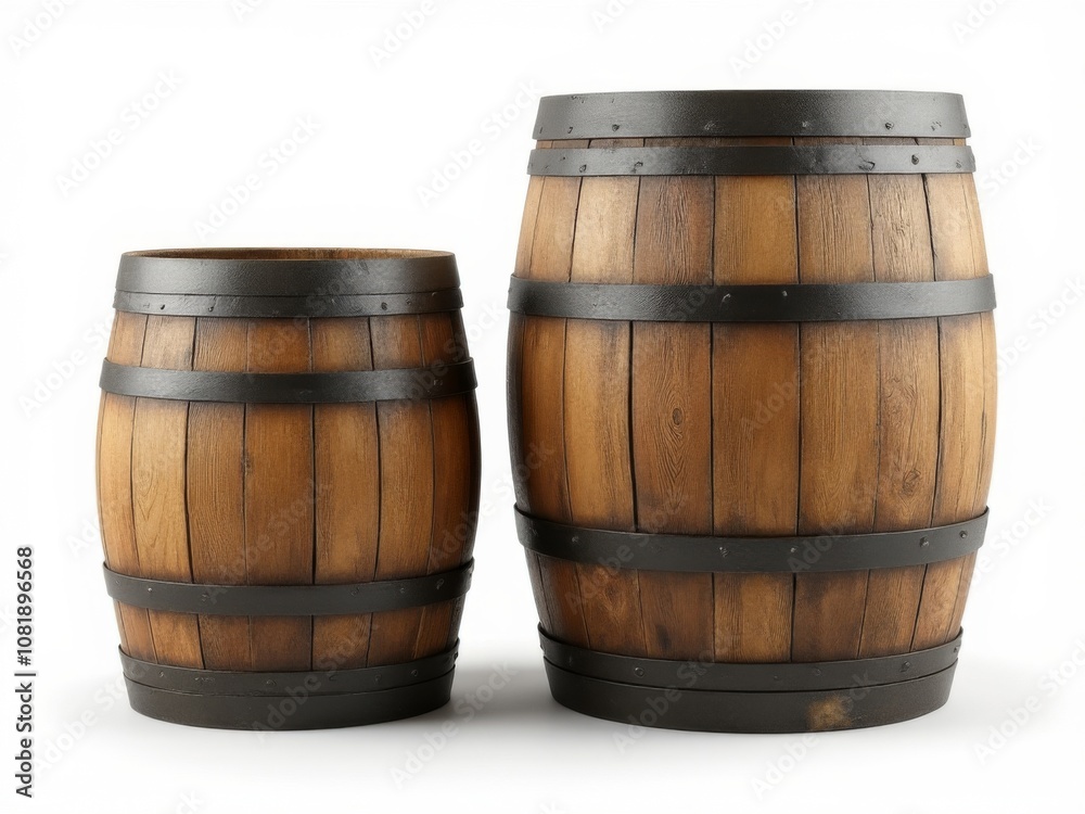 Two wooden barrels of varying sizes with black iron bands, isolated on a white background, representing traditional storage containers Two wooden barrels of varying sizes with black iron bands, isolated on a white background, representing traditional storage containers