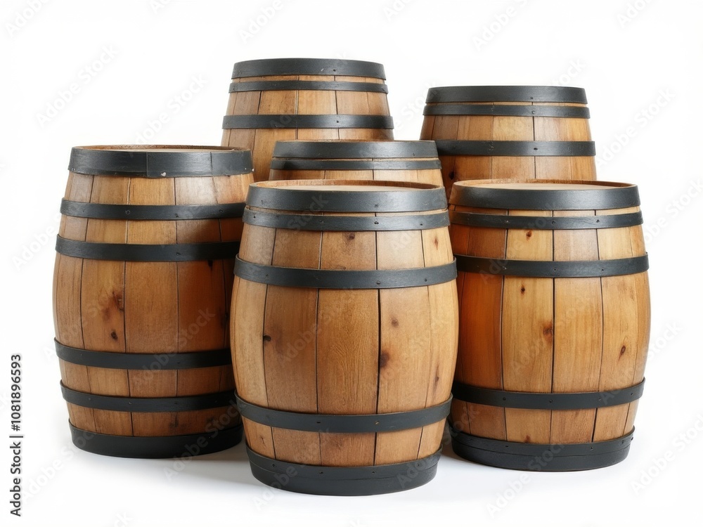 Six traditional wooden barrels with metal hoops arranged together on a white background, symbolizing vintage storage Six traditional wooden barrels with metal hoops arranged together on a white background, symbolizing vintage storage