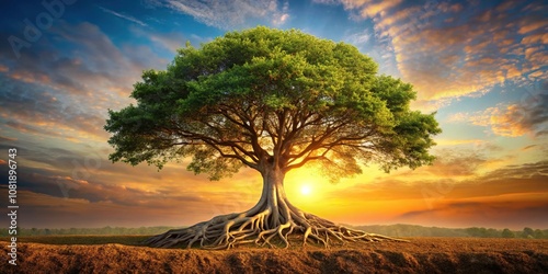 Close-Up Illusory painting of a tree with roots and branches intertwined at ground level during golden hour showcasing growth and connectivity photo