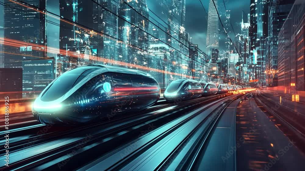Futuristic Cityscape: High-Speed Trains Glide Through Neon Metropolis 