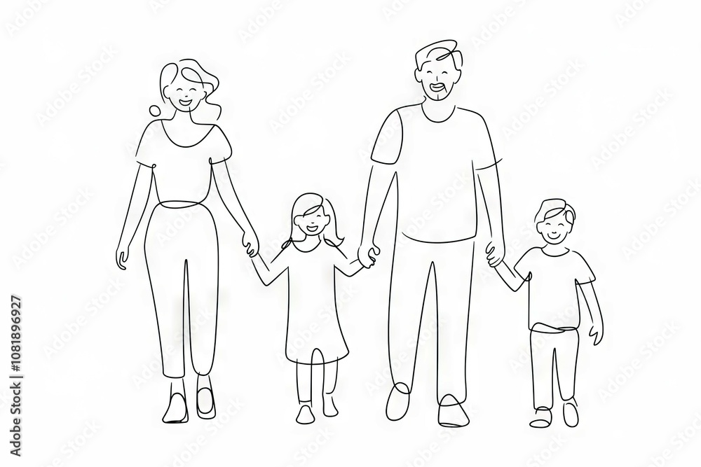 Happy family walking together. A simple line drawing of a cheerful family, parents and two kids, holding hands, symbolizing unity and togetherness. Happy family walking together. A simple line drawing of a cheerful family, parents and two kids, holding hands, symbolizing unity and togetherness.