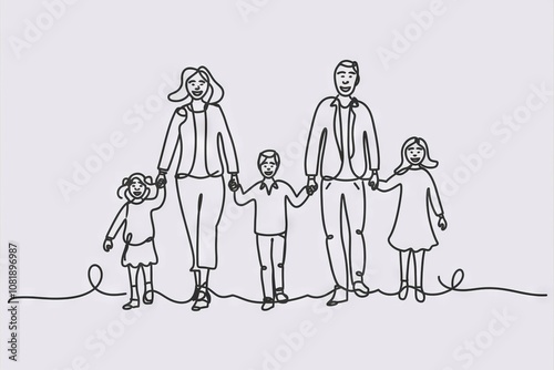 Happy family unity walk. Family bonding, togetherness, and love depicted in a simple line art illustration. Symbolizes family unity and support.