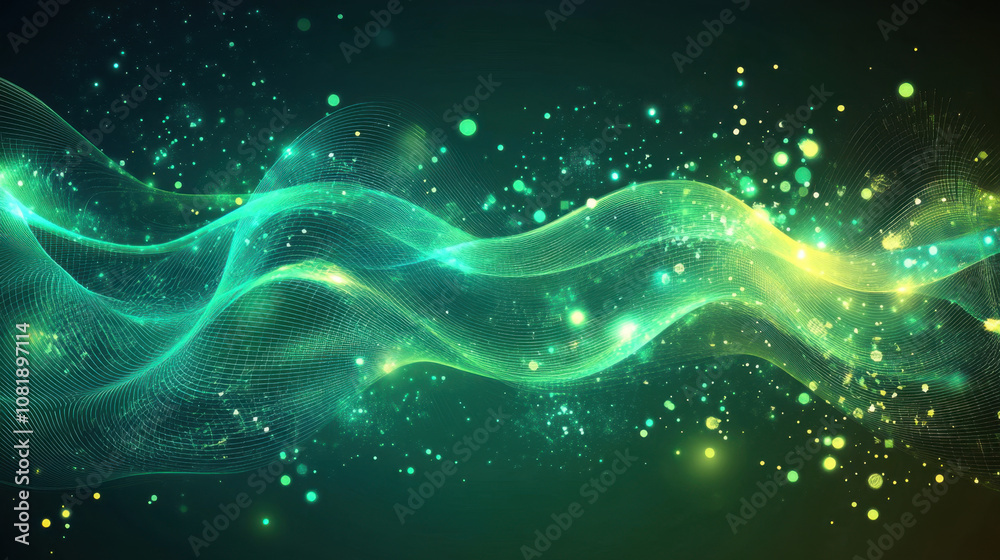 Dynamic abstract background with flowing waves and glowing particles, creating vibrant and energetic atmosphere. Perfect for scientific or technological themes