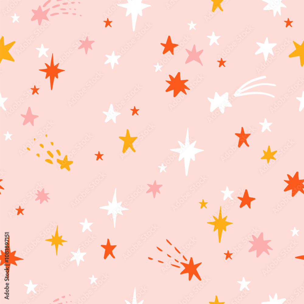 Seamless pattern with Cute doodle shooting stars. Hand drawn vector illustration. Naive childish design. Funny Christmas galaxy background, wrapping paper. Seamless pattern with Cute doodle shooting stars. Hand drawn vector illustration. Naive childish design. Funny Christmas galaxy background, wrapping paper.