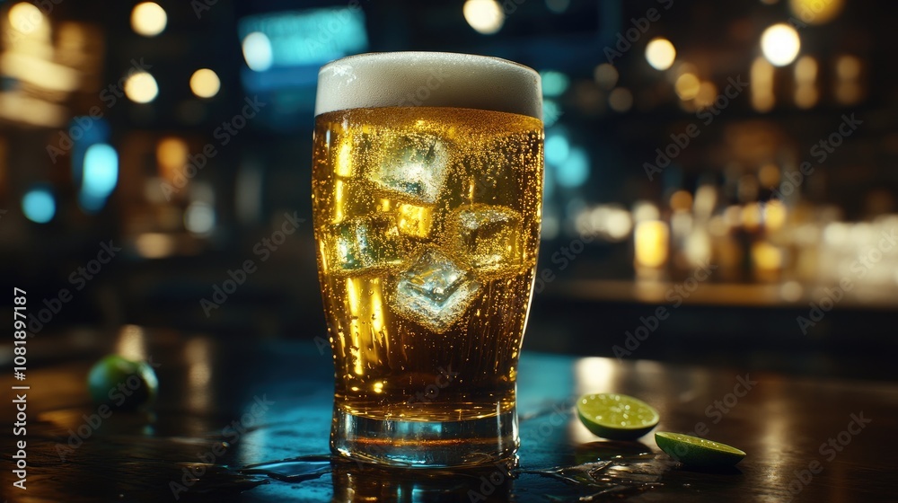 Refreshing Glass of Beer with Ice Cubes and Lime Slices Captured in a Cozy Bar Setting, Perfect for Celebrating Moments and Enjoying Life with Friends Refreshing Glass of Beer with Ice Cubes and Lime Slices Captured in a Cozy Bar Setting, Perfect for Celebrating Moments and Enjoying Life with Friends