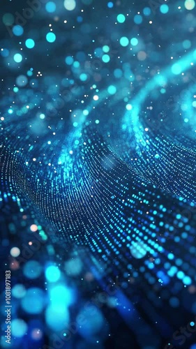 Abstract Blue Digital Wave With Glowing Light Particles. Background. Seamless looping motion design. Video animation. Abstract image of a digital wave with glowing blue particles, creating a