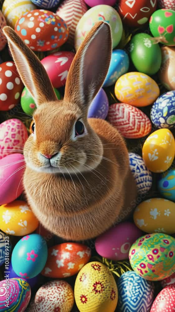 A brown bunny sits amidst a pile of colorful Easter eggs, looking directly at the camera A brown bunny sits amidst a pile of colorful Easter eggs, looking directly at the camera