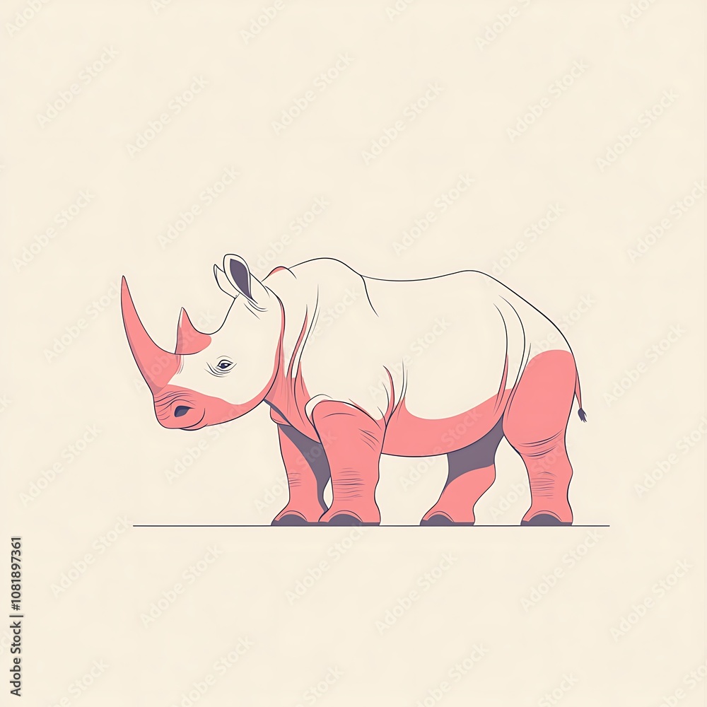 Obraz premium Minimalist illustration of a vibrant rhinoceros showcasing unique design elements and soft color palette, perfect for art prints or wildlife conservation campaigns.