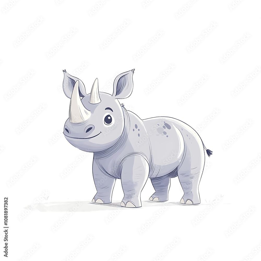 Fototapeta premium Cute and Playful Cartoon Rhinoceros Character with a Friendly Smile, Ideal for Children's Books, Educational Material, or Wildlife Conservation Themes