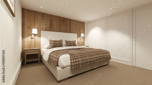 A modern bedroom with white and wooden walls carpeted floor a cozy kingsize bed with a brown plaid a bedside table and a blank wall for copy space 3D rendering photo