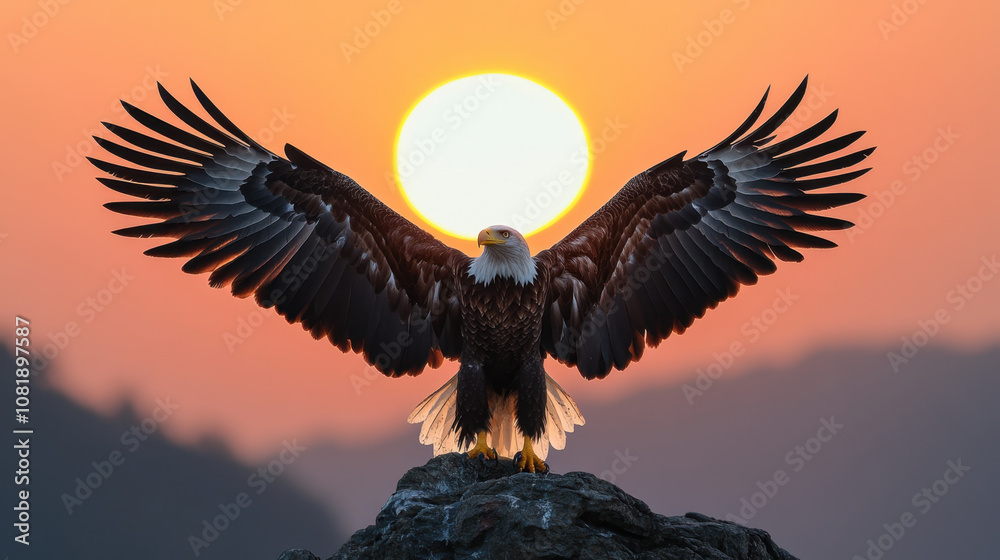 Obraz premium Majestic eagle spreading its wings against stunning sunset backdrop, symbolizing freedom and strength. vibrant colors of sky enhance beauty of this powerful bird