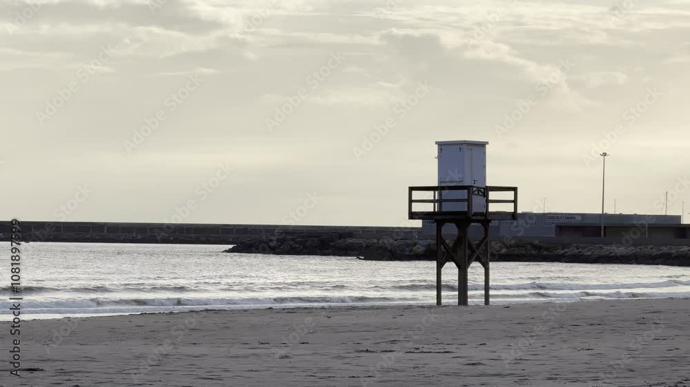 Empty lifeguard tower on a quiet beach with calm sea and cloudy sky Empty lifeguard tower on a quiet beach with calm sea and cloudy sky