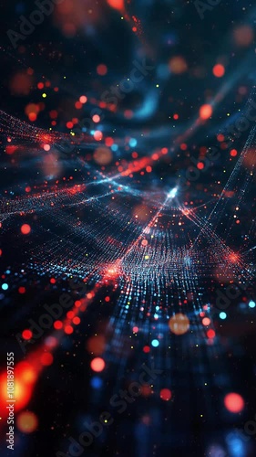 Abstract Futuristic Digital Network with Glowing Lights. Background. Seamless looping motion design. Video animation. A mesmerizing abstract depiction of a digital network with vibrant, glowing