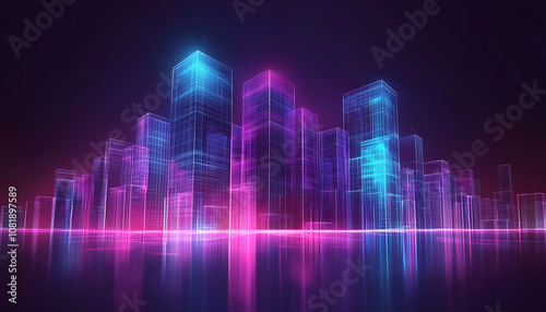 Futuristic cityscape digital realm 3d visualization urban environment night view blockchain trust concept