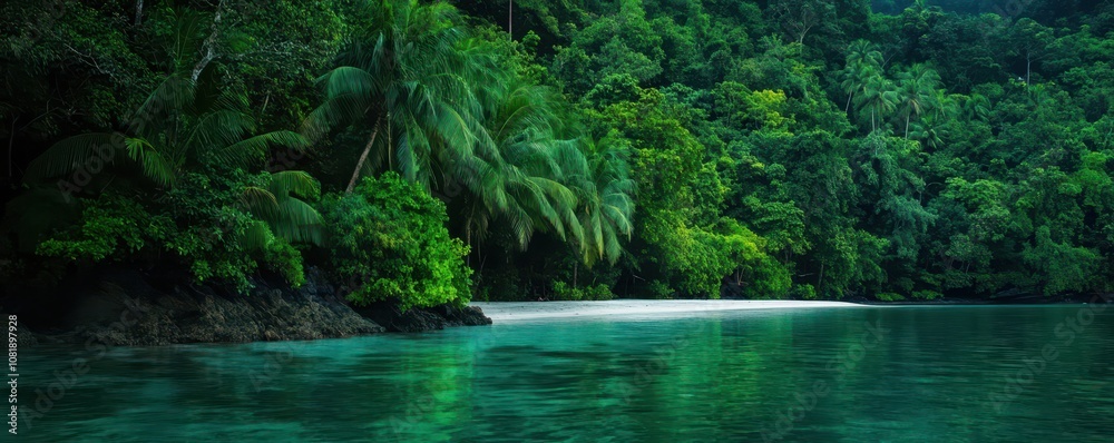 Lush jungle embraces a tranquil waterfront, blending vibrant greenery with serene waters in perfect harmony. Lush jungle embraces a tranquil waterfront, blending vibrant greenery with serene waters in perfect harmony.