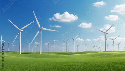 Wind Turbines in Open Field - Renewable energy, large wind turbines against sky. Suitable for marketing or business purposes. Panoramic banner with place for text