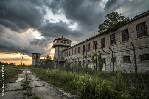 Long Exposure of an Abandoned Prison with Dramatic Sky and Overgrown Vegetation, Capturing the Essence of Decay and Isolation in a Haunting Landscape