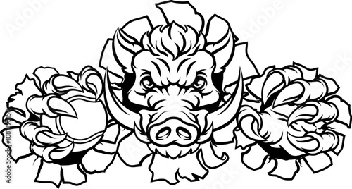 A wild boar, hog razorback warthog pig mean tough cartoon sports mascot holding a tennis ball