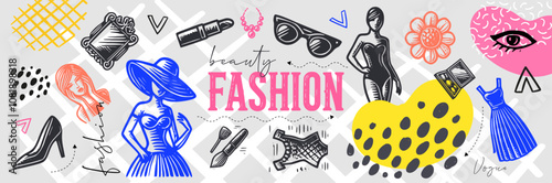PrintFashion and Beauty Vector Illustration with Stylish Accessories and Elements Including Beautiful Female Models, Dresses, Sunglasses, Makeup etc.