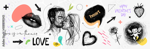Valentine Day, Romantic Love Vector Illustration Featuring Hand-Drawn Sketches of a Couple in an Embrace with Hearts and Symbols Expressing Passion and Affection