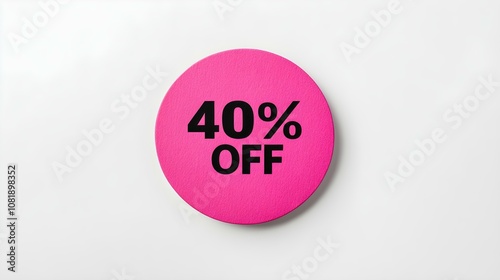 Black '40% OFF' Text on a Magenta Round Paper Note. White Background with Copy Space