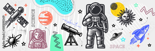 Space and Science Vector Illustration Featuring an Astronaut, Telescope, Satellite, Planets, and Celestial Elements for a Cosmic Exploration Theme